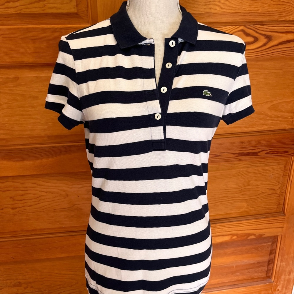 Lacoste Blue and White Fitted Button Down Polo